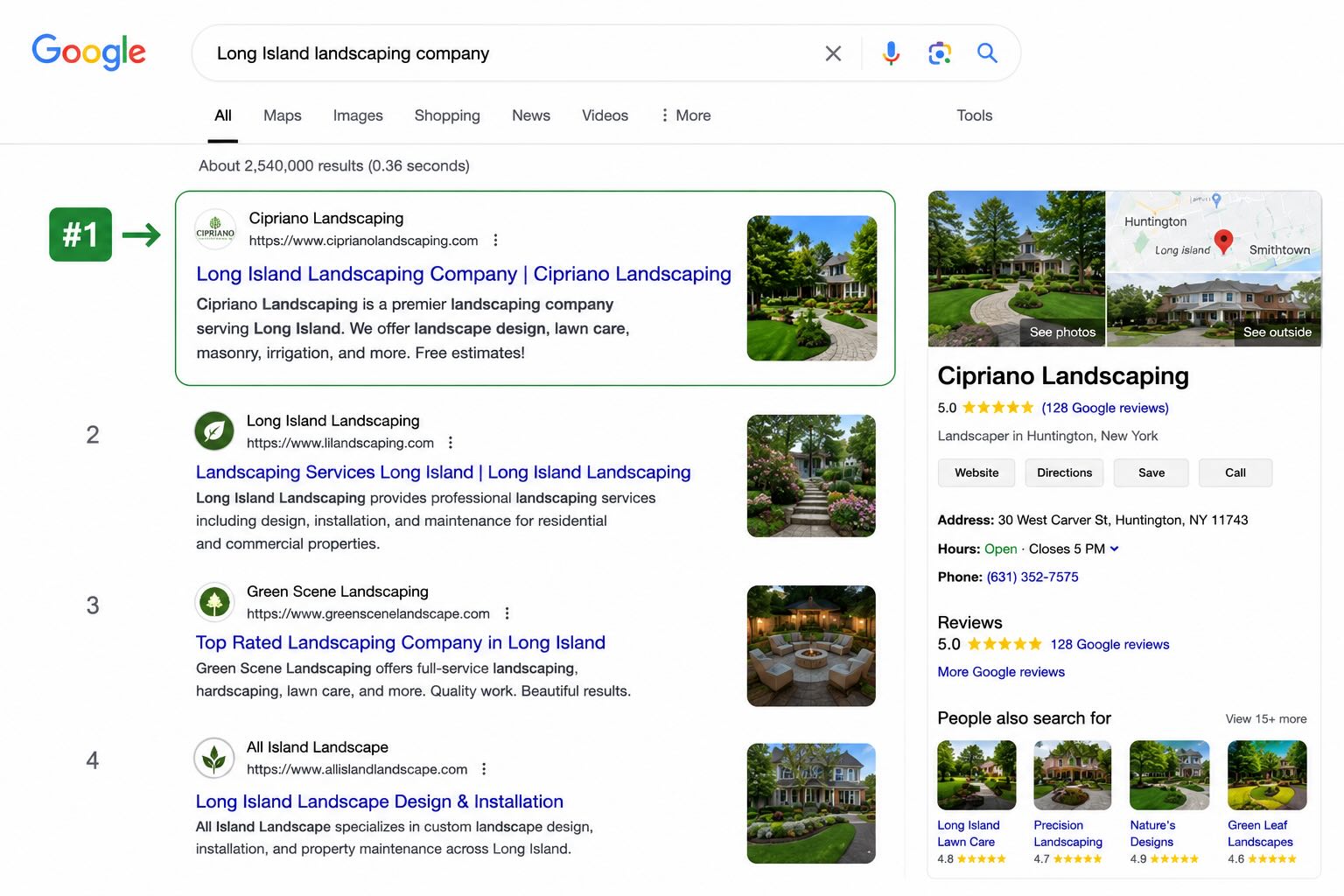 Ciprianos Landscaping ranking number one for Long Island landscaping company on Google