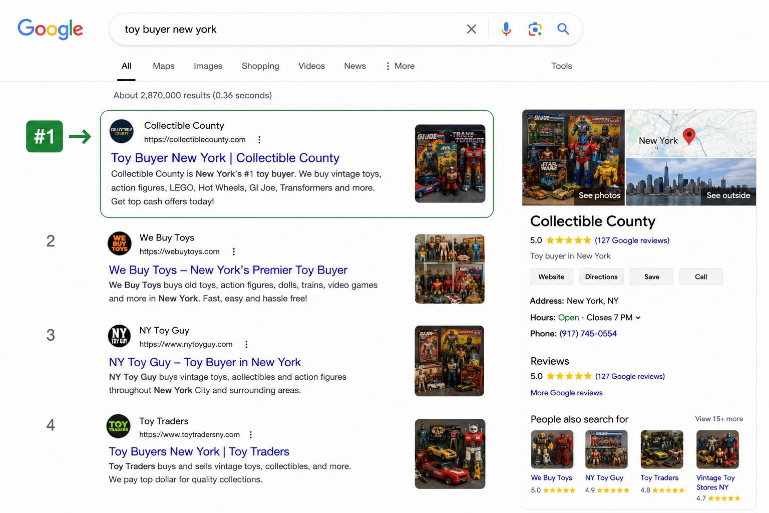 Collectible County ranking number one for toy buyer New York and collectible buyer keywords on Google
