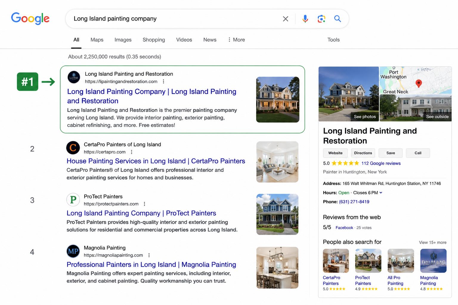 Long Island Painting and Restoration ranking number one for Long Island painting company on Google