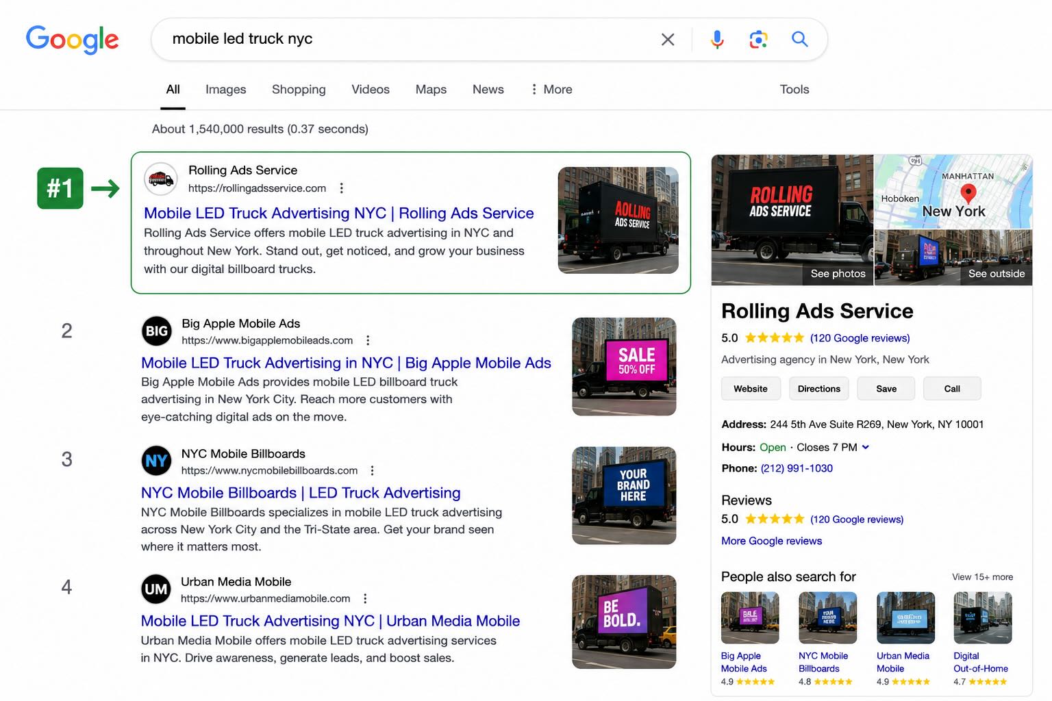 Rolling Ads Service ranking number one for mobile LED truck NYC on Google